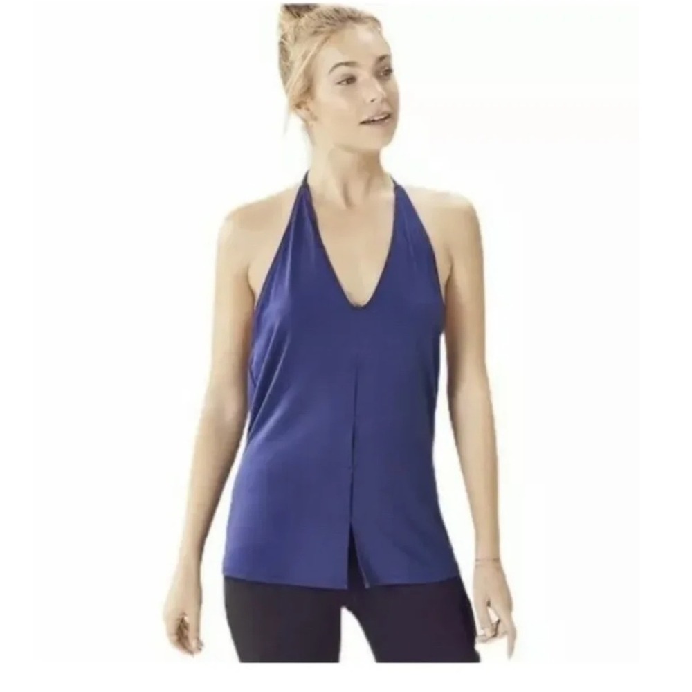 Fabletics Chiara Halter Top Navy Open‎ Back Draped Activewear M Yoga Athleisure